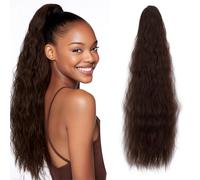 S-noilite Long Drawstring Ponytail Thick Corn Wavy Pony Tail Hairpieces 32 inch Synthetic Clip in Hair Extension for Women Girl Daily Use - Coffee Brown