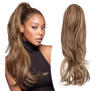 S-noilite Long Drawstring Ponytail Thick Layered Wavy Pony Tail Hairpieces 22 inch Synthetic Clip in Hair Extension for Women Girl Daily Use - Light Brown mix Ash Blonde
