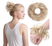 S-noilite Messy Bun 100% Real Human Hair Scrunchies Wavy Curly Tousled Updo Hairpieces for Women Girls Donut Updo Chignons with Elastic Rubber Band #18/613 Ash Blonde/Bleach Blonde