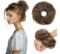 S-noilite Messy Bun 100% Real Human Hair Scrunchies Wavy Curly Tousled Updo Hairpieces for Women Girls Donut Updo Chignons with Elastic Rubber Band #1B/6 Natural Black/Light Brown