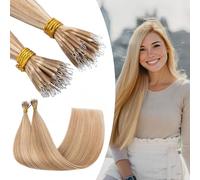 S-noilite Nano Hair Extensions Real Human Hair Golden Brown/Bleach Blonde - Nano Beads Hair Extensions 50 Strands 35g I Tip Cold Fusion 14 Inch Invisible Nano Ring