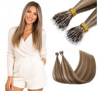 S-noilite Nano Hair Extensions Real Human Hair Medium Brown/Dark Blonde - Nano Beads Hair Extensions 50 Strands 35g I Tip Cold Fusion 22 Inch Invisible Nano Ring