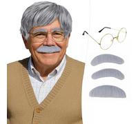 S-noilite Old Man Wig And Mustache Set Grandpa Costume Accessories Grey Wig Fake Beard Eyebrows Glasses for Men Adults Teens for Halloween Cosplay Party Grey