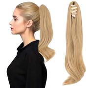 S-noilite Ponytail Extension Long Straight Small Claw on Clip in Synthetic Hair Extension Fake Hair Wavy Tail Hairpiece for Women 16 inch,Ash Blonde mix Bleach Blonde