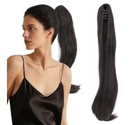S-noilite Ponytail Extension Long Straight Small Claw on Clip in Synthetic Hair Extension Fake Hair Wavy Tail Hairpiece for Women 20 inch,Natural Black