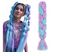 S-noilite Rainbow Jumbo Braiding Hair Extensions Colorful Braide Hairpiece for Box Twist Braids,24 inch 1pc 100g,Long Ombre Crochet Synthetic Hair,Light Pink mix Blue with Tinsels