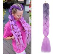 S-noilite Rainbow Jumbo Braiding Hair Extensions Colorful Braide Hairpiece for Box Twist Braids,24 inch 1pc 100g,Long Ombre Crochet Synthetic Hair,Grey Purple to Pink