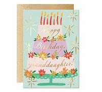 S&O Happy Birthday Granddaughter Cake Card 5x7” - Real Gold Foil Birthday Greeting Card with Interior Message, Thick Cardstock, Glossy Outside, Matte Inside, Kraft Gold Envelope & Gold Seal Sticker