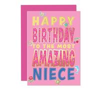 S&O Happy Birthday Niece Card 5x7” - Real Gold Foil Birthday Greeting Card with Interior Message, Thick Cardstock, Glossy Outside, Matte Inside, Pink Envelope & Gold Seal Sticker