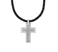 s.Oliver necklace with pendant stainless steel leather men's necklace, 47+3 cm, silver, cross, comes in jewelry gift box