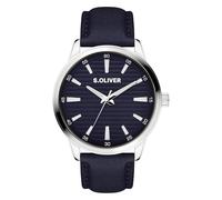 s.Oliver Men's Watch - Round - Silver - 44 mm - Metal Watch with Quartz Movement on Faux Leather Strap with Pin Buckle - Analogue Watch - 5 ATM Waterproof - Scratch-Resistant