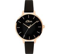 s.Oliver Women's Quartz Analog Watch - Black Faux Leather Strap, Rose Gold Metal Casing, IP Rose Gold Polished, 36 mm