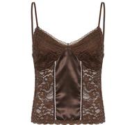 (S, One size) Women Summer Spaghetti Strap Corset Camisole See-Through Brown Floral Lace Sexy V-Neck Backless Satin Patchwork Crop for Tank Top Slim Mini Vest S