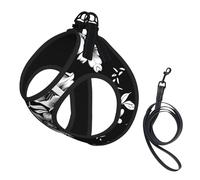 S Pet Leash Vest & Dog Harness - Small Sized Black With Flower Print Leash Set, Reflective, Adjustable for Cats & Dogs