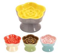 S&Q's CERAMICS Raised Slow Feeder Cat Bowl, Ceramic Elevated Cat Food Bowl Small Dogs Slow Feeder Bowl, Flower Shaped Slow Feeder for Dry and Wet Food (Yellow, 5.8")