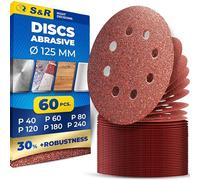 S&R 125 mm Sanding Disc Set, 8-Hole, 60 Pcs. 10x P40, P60, P80, P120, P180, P240, Hook and Loop Sanding Discs for Orbital Sanders
