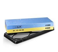 S&R 2-Sided Whetstone Sharpening Stone 18 x 6 x 3 cm with 1000/4000 Grit and Silicone Holder, 100% Corundum