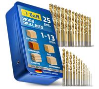 S&R 25-Piece HSS-G Wood Drill Bit Set with Titanium Nitrite Coating | 1-13 mm Twist Drill Bits for Softwood, Plywood & MDF | Center Point Precision | Metal Box Included