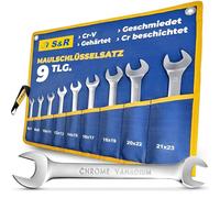 S&R 9-Piece Open-End Spanner Set - Master Series, Industrial-Grade, Double Open-Ended Wrenches 6-23 mm - Cr-V Steel, Hardened, Double Chrome-Plated - Tetron Roll Bag Included