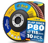 S&R Aluminium Oxide Flap Discs 115mm (4.5in) P80, Angle Grinder 10pc | Angle grinder sanding discs for metal and wood, 22.23mm bore, finer finish, deburring, weld blending, paint stripping