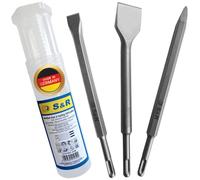 S&R Chisel Set 3-Piece -Made in Germany - SDS Plus: Spade Chisel, Tile Chisel, Point Chisel; Industrial Quality