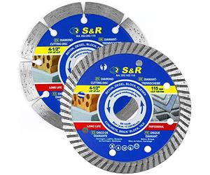 S&R Diamond Cutting Disc Set 2 Pieces: 1x Segment Standard + 1x Turbo 115 x 10 x 22.2/15.88 mm for Stone, Concrete, Brick and Tiles