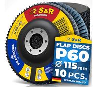 S&R Flap Discs 115 mm Zirconia P60 for Angle Grinders, Pack of 10