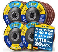 S&R flap discs set 20 pcs., 115 x 22,23 mm, PRO ALUMINIUM OXIDE, T29, flap discs, grinding discs for wood and metal, each 5x grit P40/60/80/120