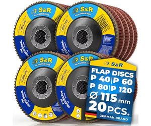 S&R flap discs set 20 pcs., 115 x 22,23 mm, PRO ALUMINIUM OXIDE, T29, flap discs, grinding discs for wood and metal, each 5x grit P40/60/80/120