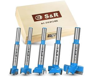S&R Forstner Drill Bit Set for Wood 5-Piece: 15, 20, 25, 30, 35 mm in Wooden Box, Round Shaft, Forged Tool Steel, carbide cutting edges, Precision Woodworking Made Easy