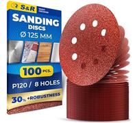 S&R Hook-and-Loop Sanding Paper Set, 125 mm, Meister, 8 holes, 100 sheets, grit P120, sanding sheets, sanding discs for random-orbit sanders, hook-and-loop sanding paper