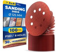 S&R Hook-and-Loop Sanding Paper Set, 125 mm, Meister, 8 holes, 100 sheets, grit P180, sanding sheets, sanding discs for random-orbit sanders, hook-and-loop sanding paper