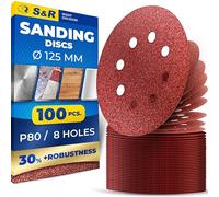 S&R Hook-and-Loop Sanding Paper Set, 125 mm, Meister, 8 holes, 100 sheets, grit P80, sanding sheets, sanding discs for random-orbit sanders, hook-and-loop sanding paper