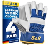 S&R Leather Work Gloves - 4 Pairs, Size XL/10 | Heavy-Duty Construction, Gardening & Forestry Gloves | CE-Certified Protective Gloves with Soft Lining