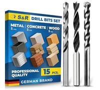 S&R Mixed Drill Bit Set 15 Piece, 3-8 mm, Wood, Metal and Masonry Bits | Drill bits for wood, metal and concrete, HSS M2 metal bits, centre point wood bits, carbide tipped masonry bits, plastic box