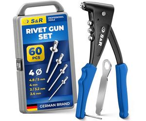 S&R Professional Rivet Gun Kit with 60 Rivets - Heavy-Duty Hand Riveter for Aluminum, Steel & Stainless Steel | 4 Nozzles, Wrench & Storage Box
