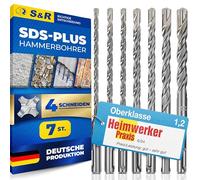 S&R Professional SDS Plus Drill Bit Set 7 pcs - 4-Cutter Carbide for Reinforced Concrete, Masonry, Stone & Granite | Made in Germany | PGM-Certified Z-ECO Spiral Drills in Box