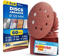 S&R 60 pcs Sanding Disc Pads 125mm/5inch - Grinding Discs Sandpaper Sheet Grit 40/60/80/120/180/240 (10 pcs each), 8 Holes Hook and Loop Quick Fitting for Orbit Sander