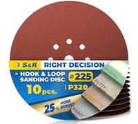 S&R Sanding Discs 225mm P320 Grit, Hook and Loop, Orbital Sander, 10 Pack | Orbital sander discs, sanding pads, 8-hole paper discs for light sanding between primer and paint coats on walls and ceilings