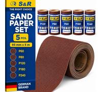 S&R Sandpaper Roll Set 93mm x 5m, 5 Rolls P60-P240 Aluminium Oxide