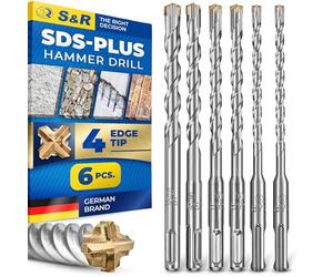 S&R SDS Plus Masonry Drill Bits Set 6-12 mm x 160 mm, 6 Piece, Carbide | SDS drill bit set for concrete, brick and stone, hammer drill bits, optimised spiral flutes, carbide tip, round storage tube