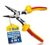 S&R VDE Long Nose Pliers 220mm 1000V Insulated Electrician | Needle nose pliers with flat nose zone, 60CrV steel, AWG 10-18 stripping for panel building and control cabinets