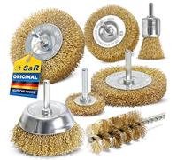 S&R Wire Brush Drill Bit Set 6mm Shank Steel, 7 Piece for Rust Removal | Steel wire wheel brushes, 6mm round shank, for derusting, welding prep, paint stripping and metal surface treatment