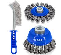 S&R Wire Brush Set 3 pcs - Cup 75 mm, Round 100 mm M14 + Scratch Brush | Twisted knotted steel wire brush set for rust removal, paint stripping and weld cleaning on steel, iron and cast metal parts