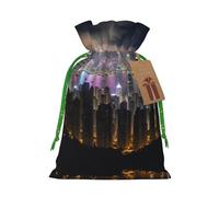S Reusable Christmas Bag - Aerial Night of View Hong Kong Print Drawstring Gift Pouch for Holiday, Birthday, and Wedding Presents