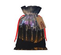 S Reusable Christmas Bag - Aerial Night of View Hong Kong Print Drawstring Gift Pouch for Holiday, Birthday, and Wedding Presents