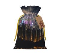 S Reusable Christmas Bag - Aerial Night of View Hong Kong Print Drawstring Gift Pouch for Holiday, Birthday, and Wedding Presents