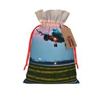 S Reusable Christmas Bag - Airplane in The Evening Lights Print Drawstring Gift Pouch for Holiday, Birthday, and Wedding Presents