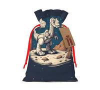 S Reusable Christmas Bag - Funny Astronaut Dinosaur Rocke Print Drawstring Gift Pouch for Holiday, Birthday, and Wedding Presents
