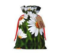 S Reusable Christmas Bag - White Daisy Flowers Print Drawstring Gift Pouch for Holiday, Birthday, and Wedding Presents